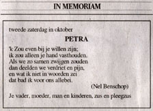 In memoriam advertentie Petra Dijkman - van der Klis